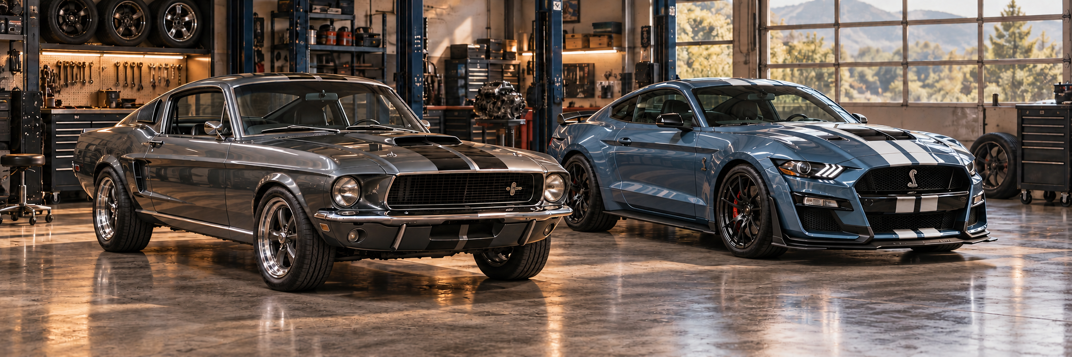 Illustration of a graphite classic Mustang and a Brittany Blue Shelby GT500 with white racing stripes, together in a workshop